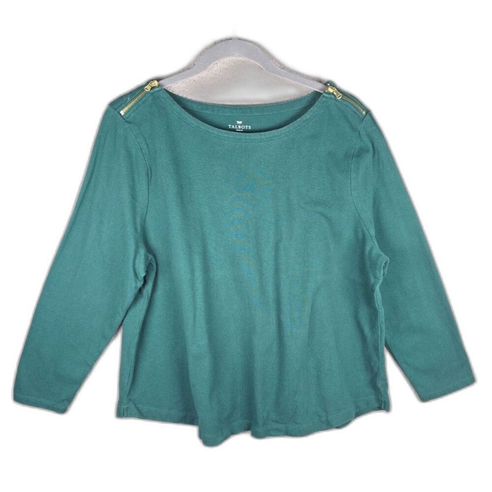 Talbots Woman 3X Green Cotton Top Gold Shoulder Zippers Three Quarter Sleeve
